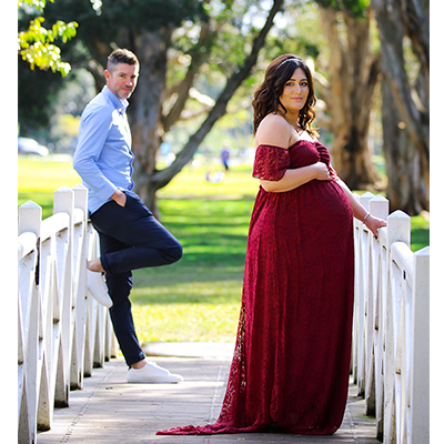 Burgundy maternity shop dress for photoshoot